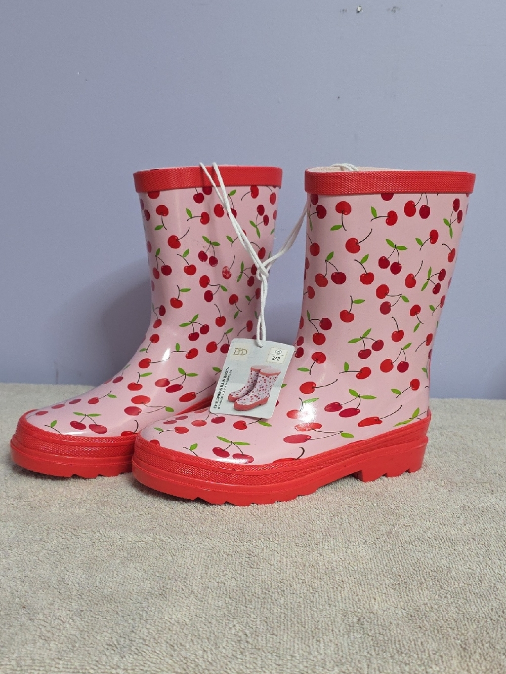 Kids Cherry Print Pink Rain Boots with Red Trim